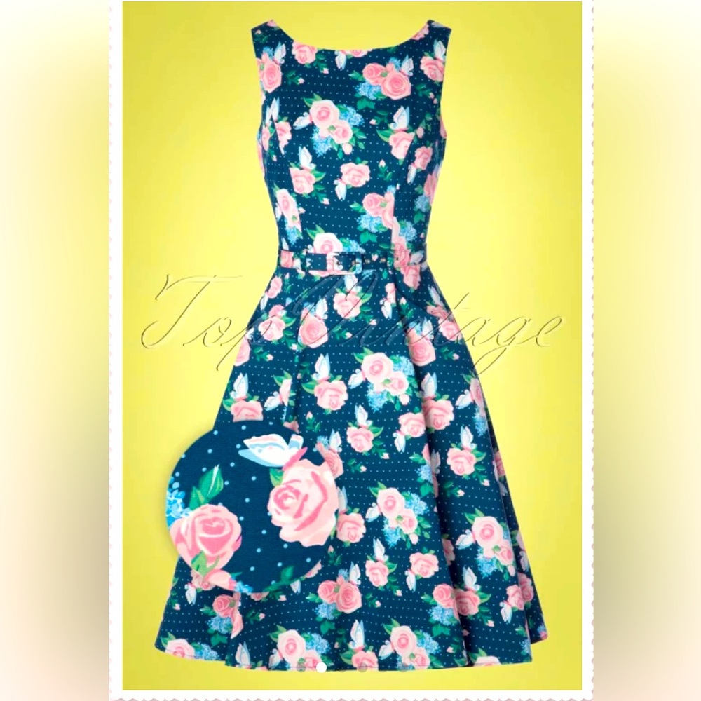 Collectif Clothing 50s Hepburn Marvelous Mrs Maisel Floral Swing Dress in Navy